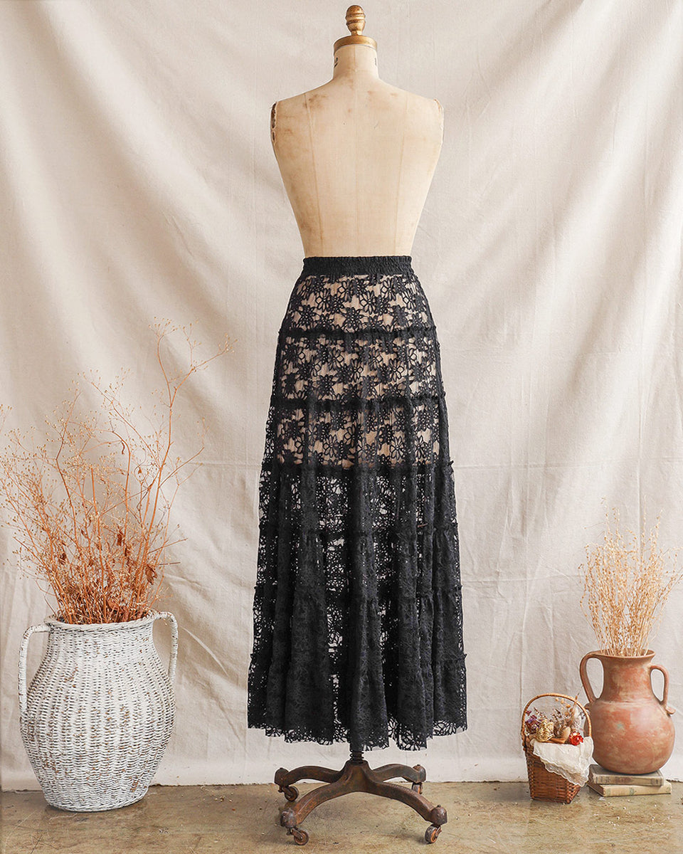 Vintage Inspired Black Lace Tiered Maxi Skirt Adored Vintage Fritillaria Persica Skirt 6731