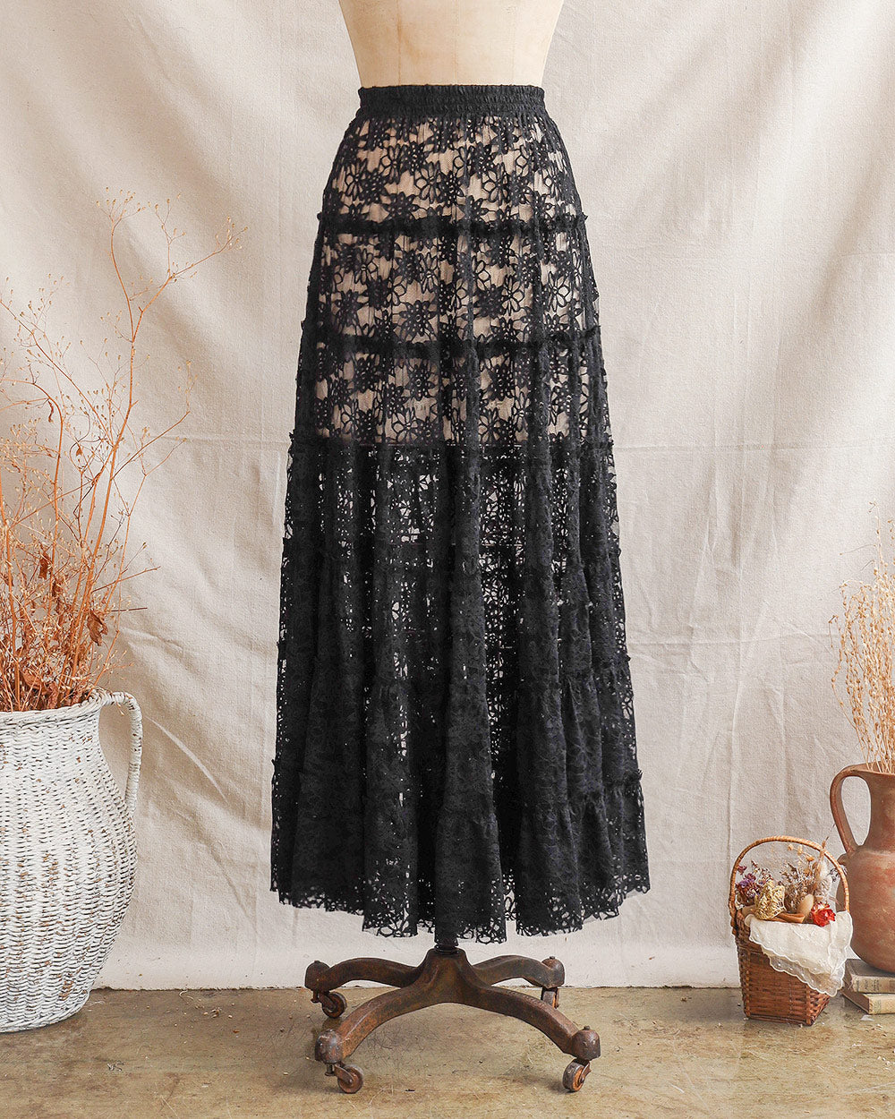 Vintage Inspired Black Lace Tiered Maxi Skirt / Adored Vintage /  Fritillaria Persica Skirt